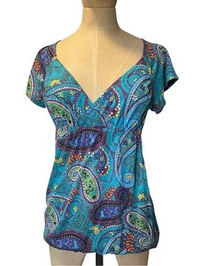 Y2K Eye Candy Babydoll Top Med Teal Paisley Boho Hippie Tunic Flowy